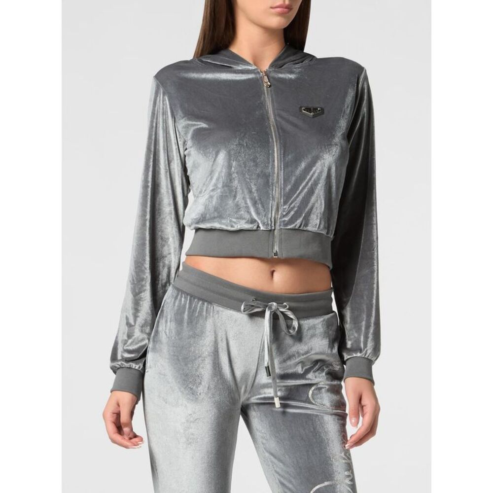 Cropped Velvet Zip-Up Hoodie Philipp Plein With Rhinestone Logo Detail
